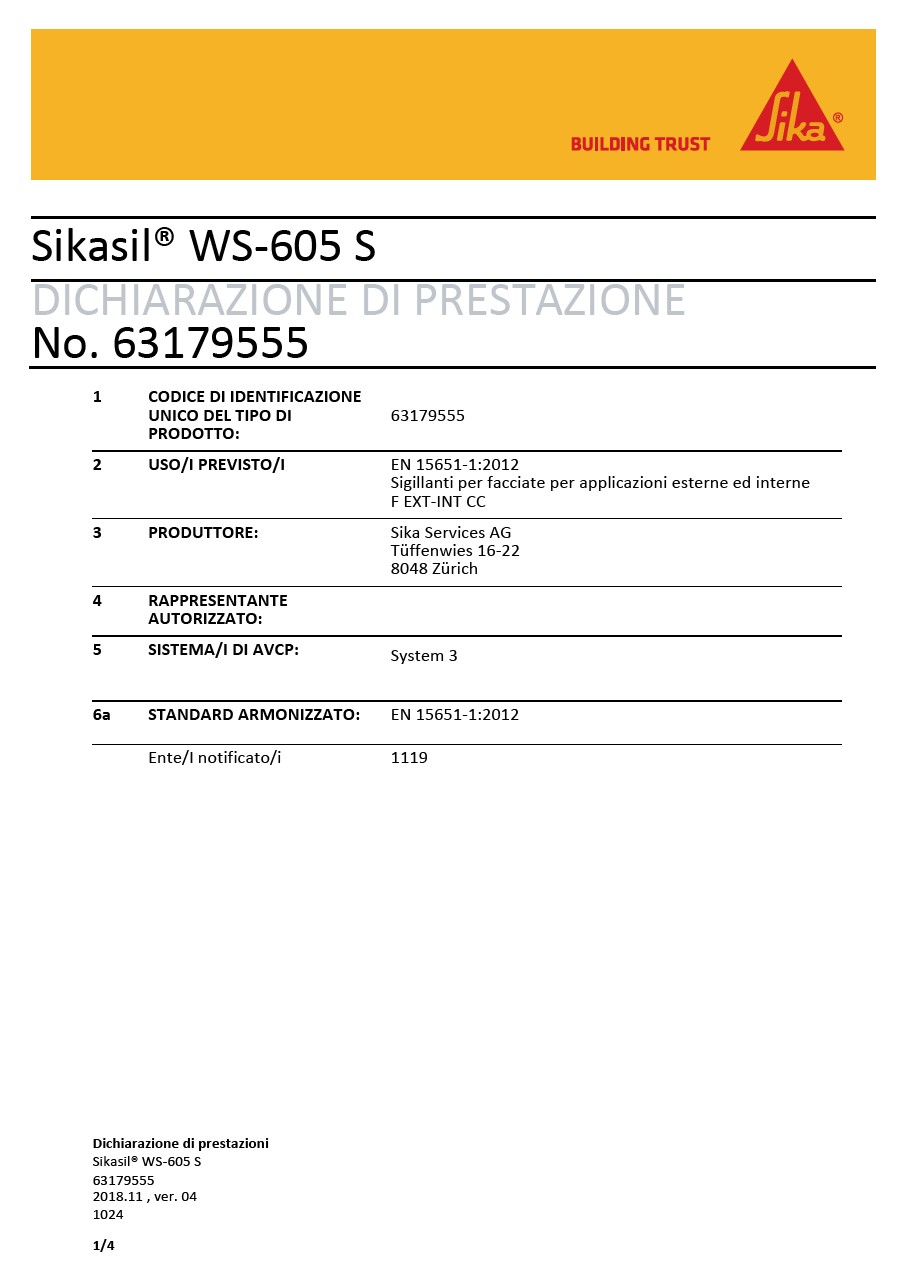 DoP - Sikasil WS-605 S, no. 63179555, EN-15651-1-2012