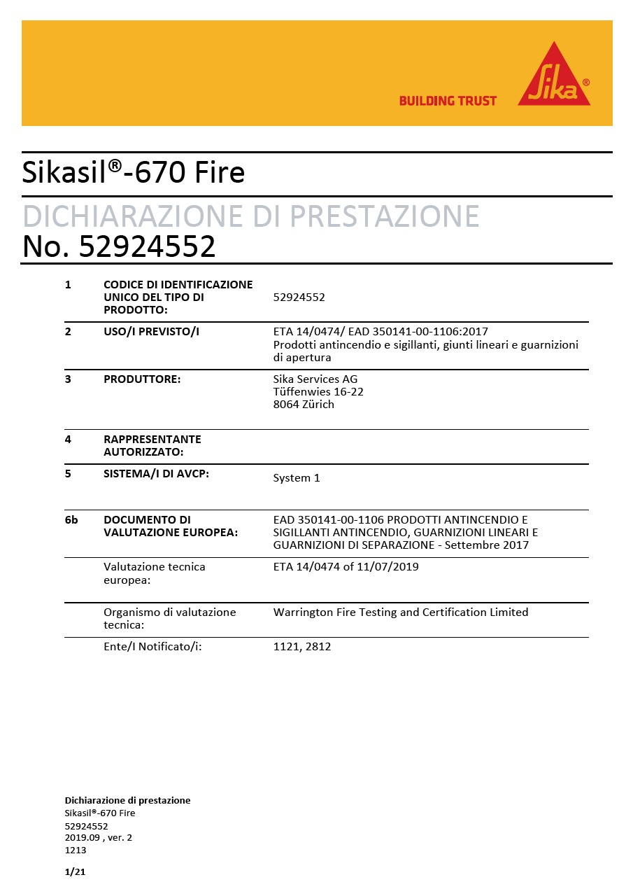 DoP - Sikasil 670 Fire, no. 52924552 EAD 350141-00-1106-2017