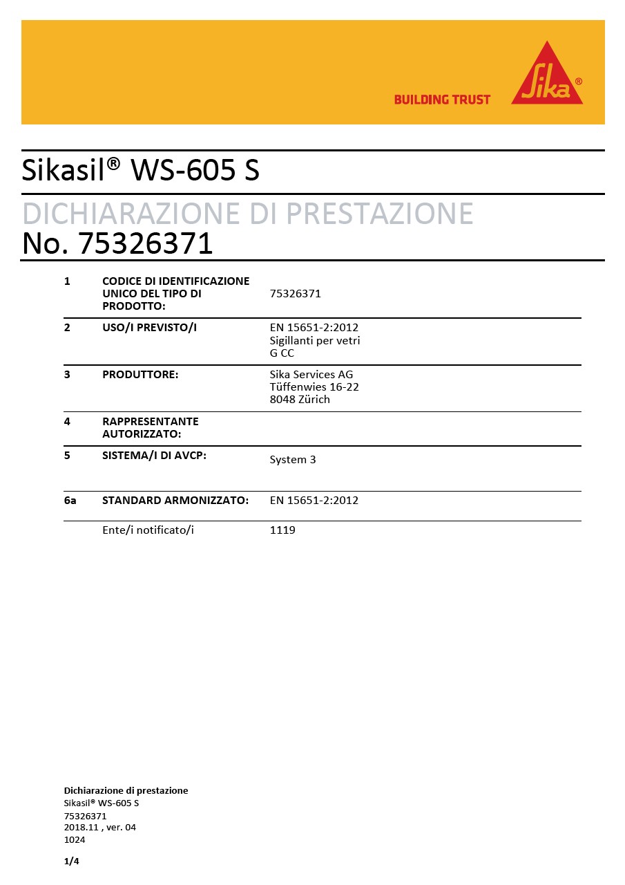 DoP - Sikasil WS-605 S, no. 75326371, EN 15651-2-2012