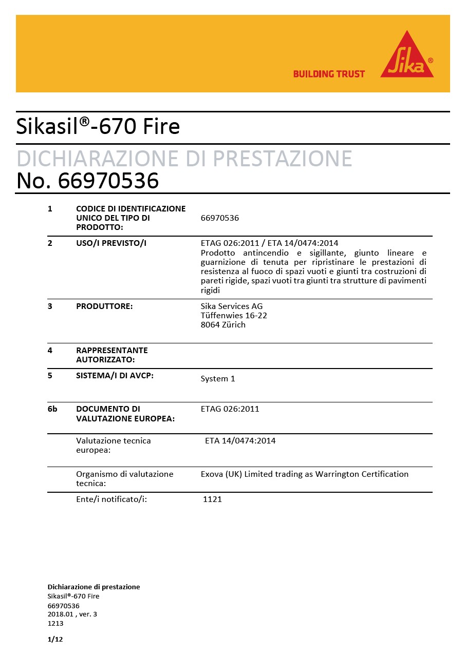 DoP - Sikasil 670 Fire, no. 66970536, ETAG 026-2011