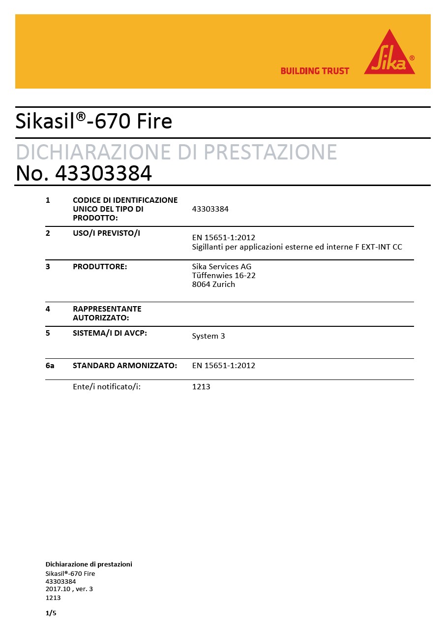DoP - Sikasil 670 Fire, no. 43303384, EN 15651-1-2012